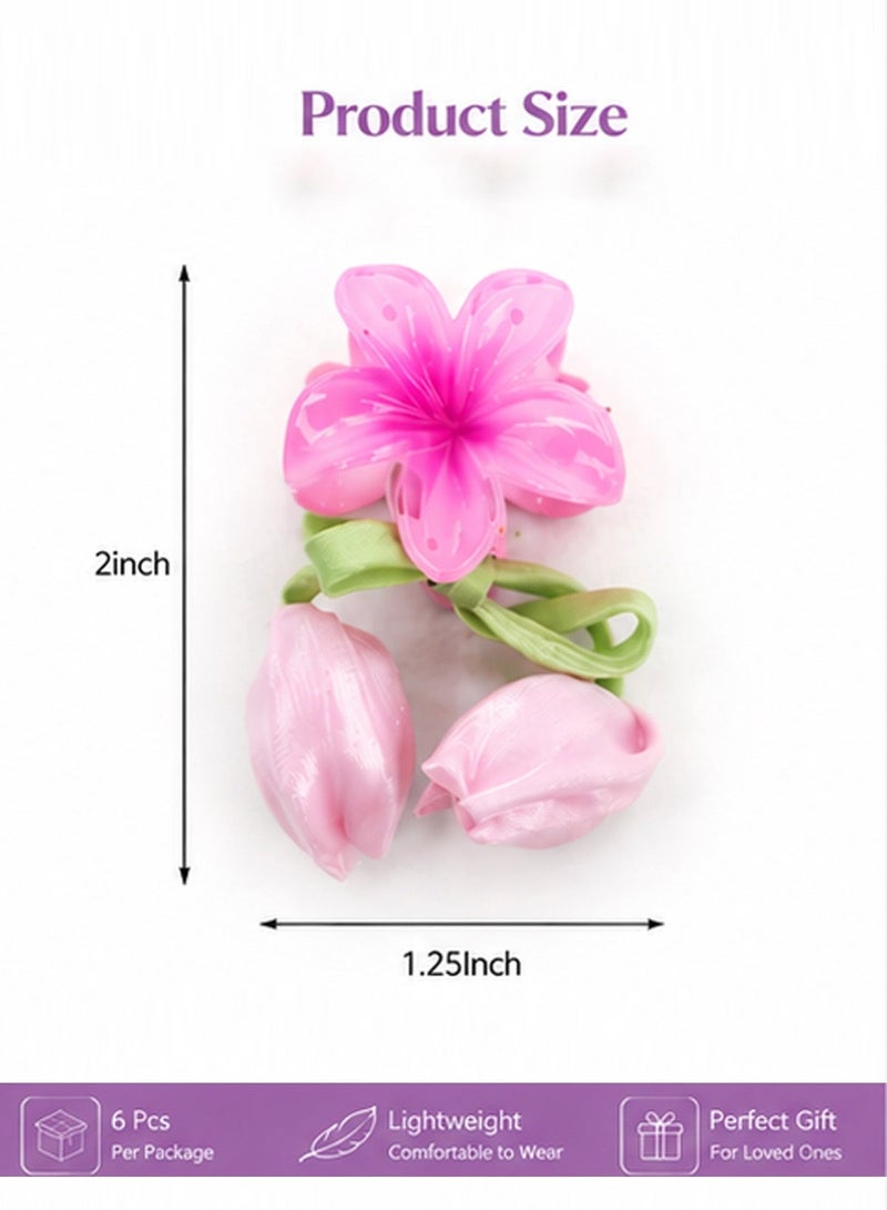 Lelet Small Flower Hair Claw Clips, 6Pcs 2" Cute Mini Claw Clips for Women & Girls, Strong Hold for Thick & Thin Hair With Silk rope and Flowers -6 Colors - Image 3