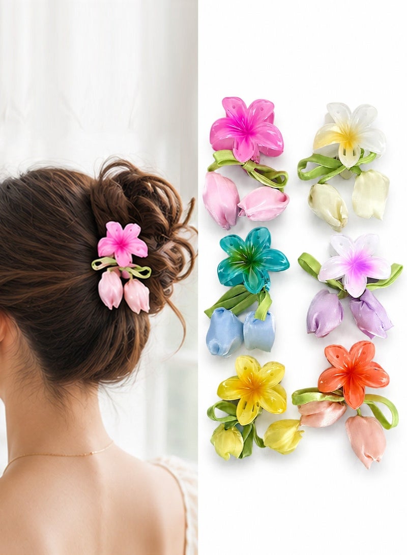 Lelet Small Flower Hair Claw Clips, 6Pcs 2" Cute Mini Claw Clips for Women & Girls, Strong Hold for Thick & Thin Hair With Silk rope and Flowers -6 Colors - Image 1