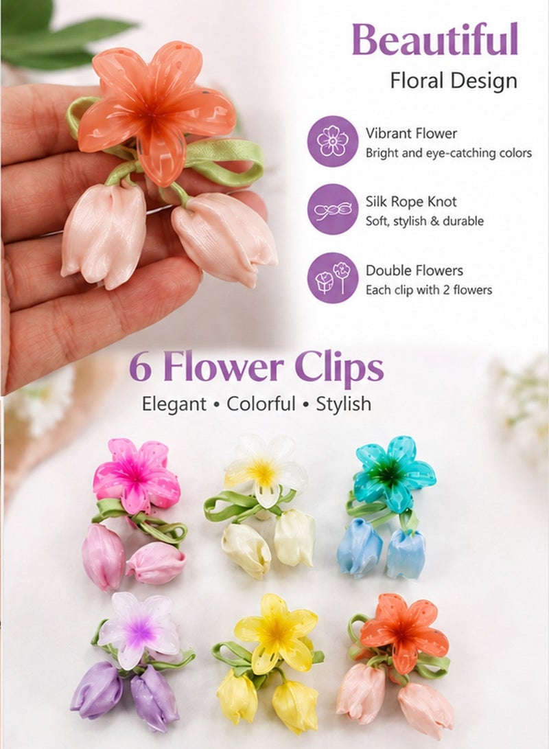 Lelet Small Flower Hair Claw Clips, 6Pcs 2" Cute Mini Claw Clips for Women & Girls, Strong Hold for Thick & Thin Hair With Silk rope and Flowers -6 Colors - Image 4