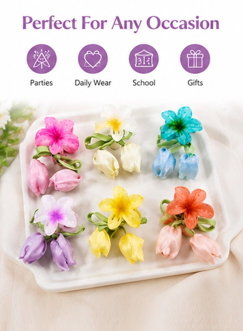 Lelet Small Flower Hair Claw Clips, 6Pcs 2" Cute Mini Claw Clips for Women & Girls, Strong Hold for Thick & Thin Hair With Silk rope and Flowers -6 Colors - Image 2