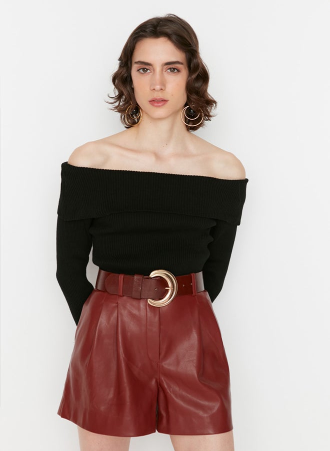 trendyol Black Super Crop Carmen Collar Knitwear Sweater TWOAW22KZ1897 - Image 2