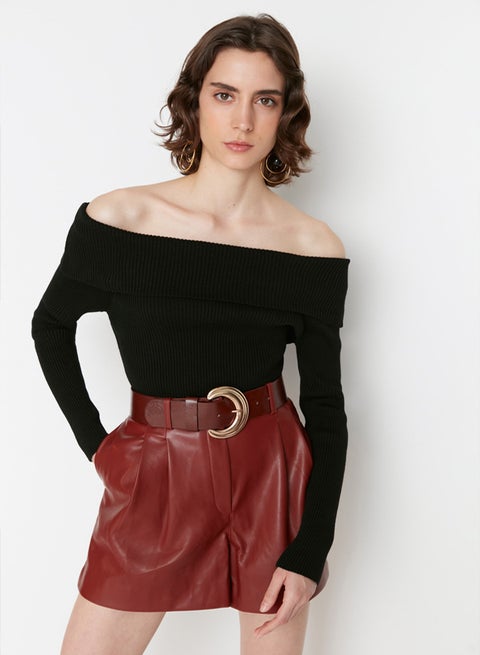 Black Super Crop Carmen Collar Knitwear Sweater TWOAW22KZ1897