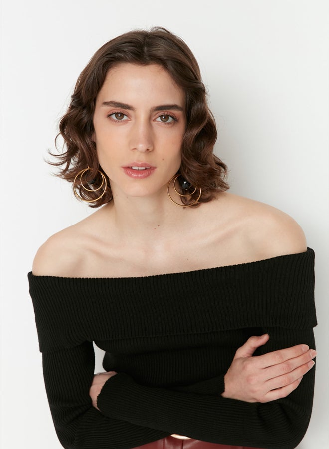 trendyol Black Super Crop Carmen Collar Knitwear Sweater TWOAW22KZ1897 - Image 3