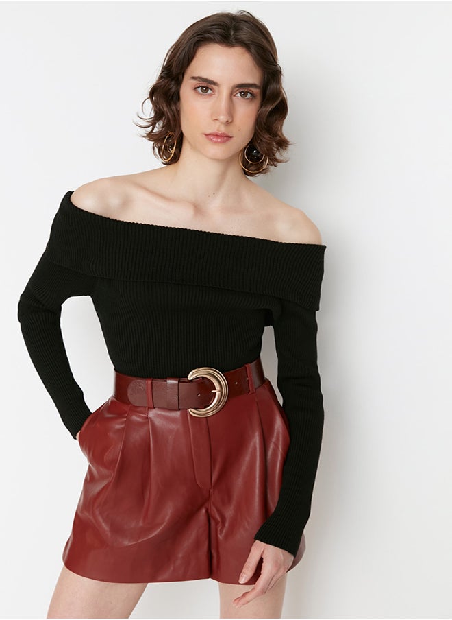 trendyol Black Super Crop Carmen Collar Knitwear Sweater TWOAW22KZ1897  - Image 1
