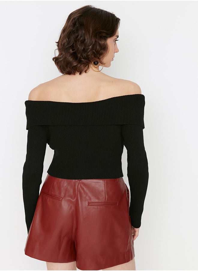trendyol Black Super Crop Carmen Collar Knitwear Sweater TWOAW22KZ1897  - Image 5