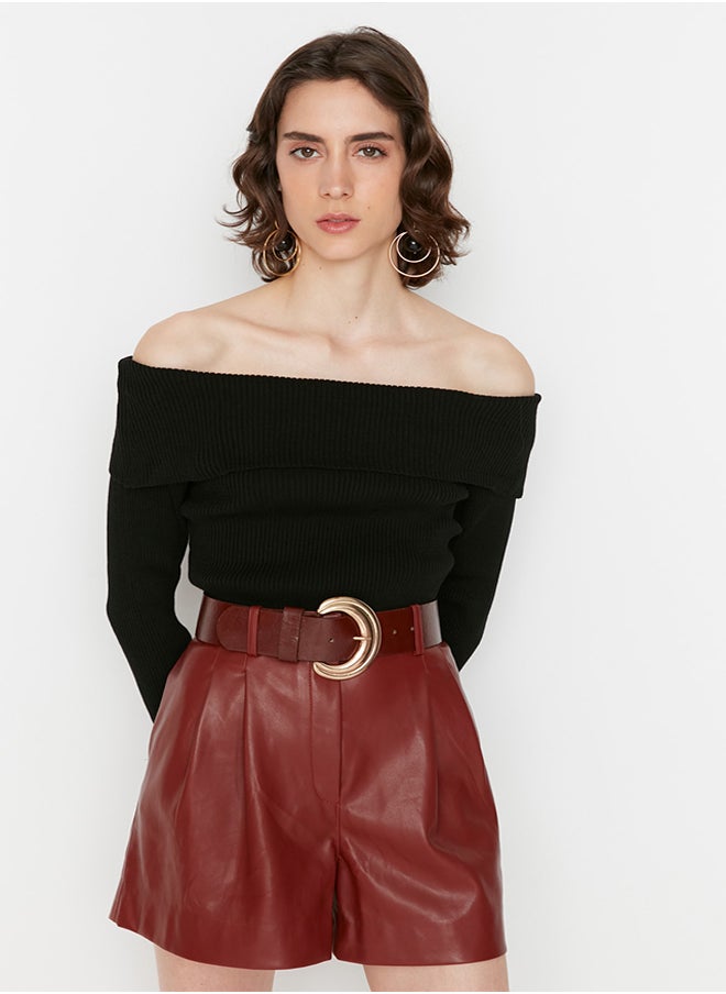 trendyol Black Super Crop Carmen Collar Knitwear Sweater TWOAW22KZ1897  - Image 2