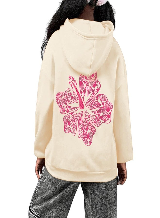 Lubpow Cute Pink Hoodie Kids Girls Aesthetic Preppy Hibiscus Flower Puff Hoodies Kawaii Hawaii Palm Beach Graphic Pullover, Apricot, 13-14 years - Image 2