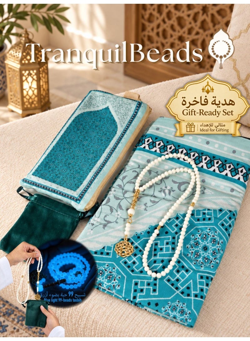 TranquilBeads 99 Beads Blue Luminous Tasbih 6mm with Prayer Mat and Storage Bag, Muslim Gift Set for Men and Women, Ramadan Eid Hajj Umrah Gift - Image 1
