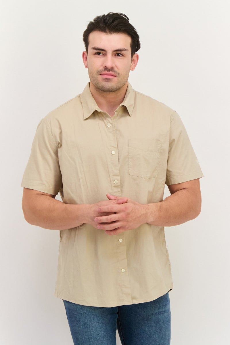 GAP Men Slim Fit Solid Short Sleeves Casual Shirt, Beige - Image 1