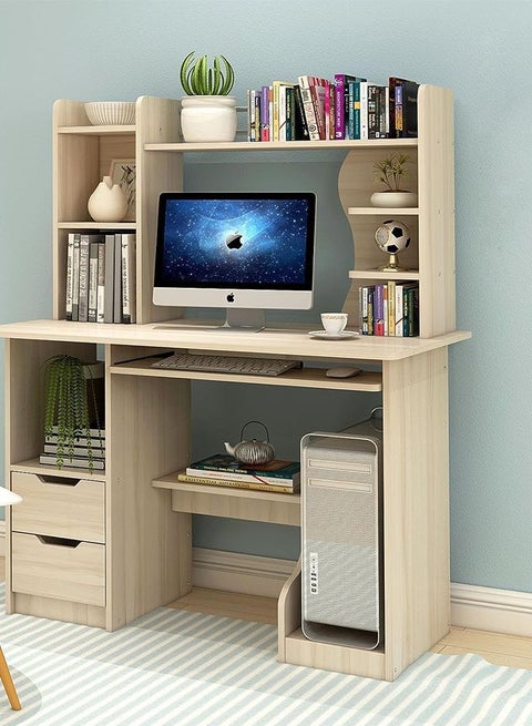Computer Desk with Drawers, Writing Desk with Bookshelf Layer, Home Office Study Desk, Computer Table Work Desk Corner Desk with Bookshelf