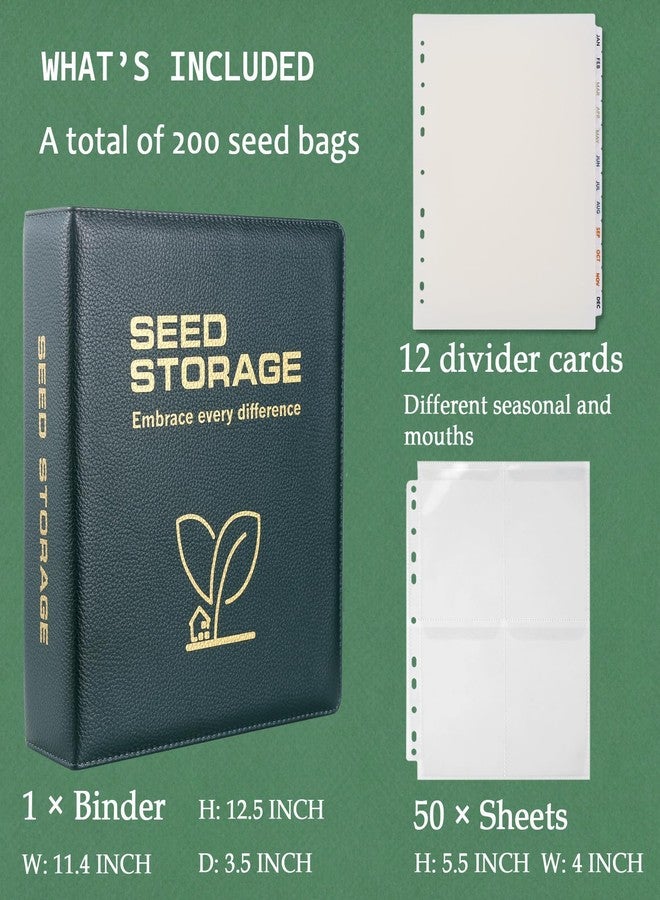 MUQING Garden Seed Storage Organizer Binder, 50 Sheets Seed Packet Sleeves with Lid Store 200 Seed Envelopes, Four Season Color-Coded Divider Tabs, Green - Image 3