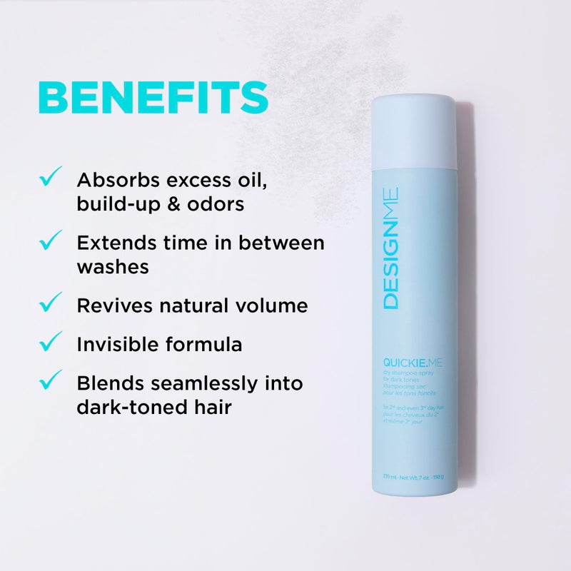 Design.Me QUICKIE.ME Dry Shampoo For Dark Tones | Instantly Refreshes, Absorbs Oils | Root-Lifting Formula with Rice Starch | Residue-Free Waterless Spray for Brown, Black, Dark & Red Hair - Image 3