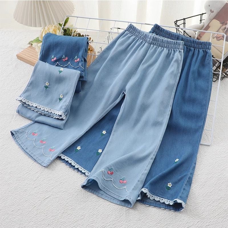 Girls' Summer Jeans Baby'S Western Style Children'S Personalized Trendy Brand Korean Style Thin Embroidered Lace Tencel Flared Pants - Image 2