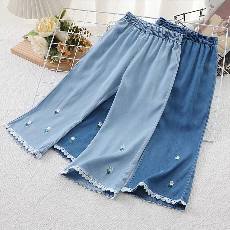 Girls' Summer Jeans Baby'S Western Style Children'S Personalized Trendy Brand Korean Style Thin Embroidered Lace Tencel Flared Pants - Image 3