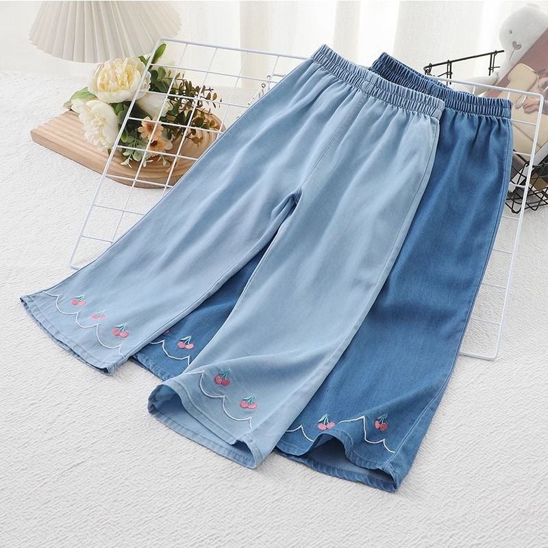 Girls' Summer Jeans Baby'S Western Style Children'S Personalized Trendy Brand Korean Style Thin Embroidered Lace Tencel Flared Pants - Image 4