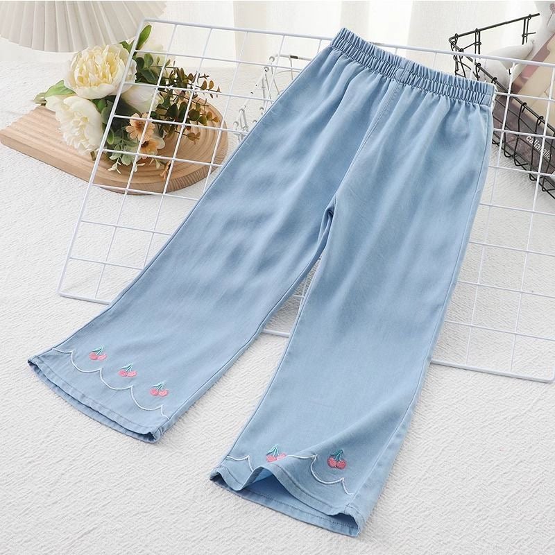 Girls' Summer Jeans Baby'S Western Style Children'S Personalized Trendy Brand Korean Style Thin Embroidered Lace Tencel Flared Pants - Image 5