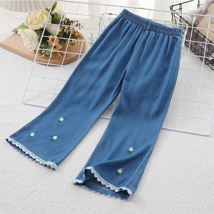 Girls' Summer Jeans Baby'S Western Style Children'S Personalized Trendy Brand Korean Style Thin Embroidered Lace Tencel Flared Pants - Image 1