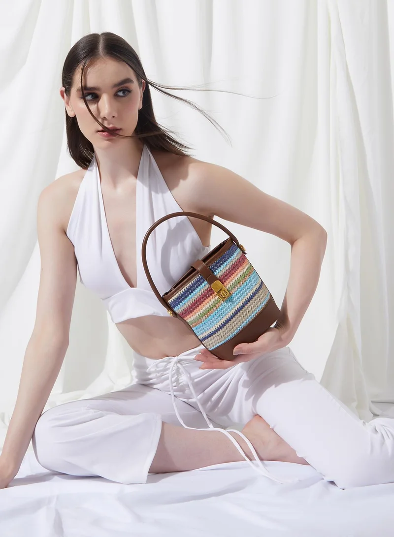 Haute Sauce Striped Twist Lock Regular Jute Hand Bag For Women