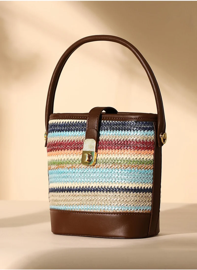 Haute Sauce Striped Twist Lock Regular Jute Hand Bag For Women