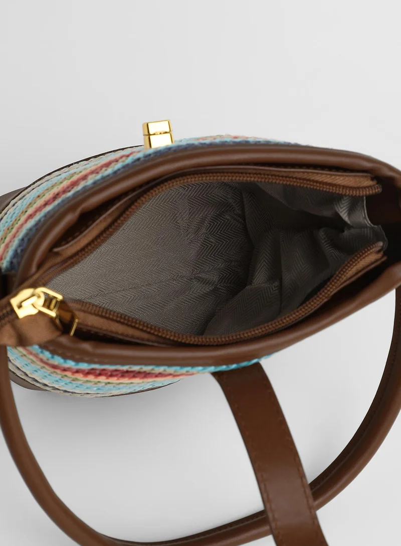 Haute Sauce Striped Twist Lock Regular Jute Hand Bag For Women