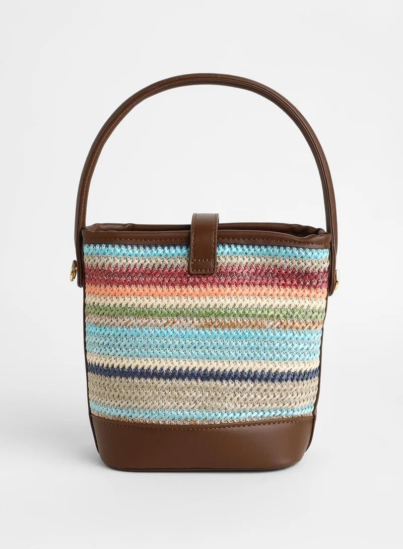 Haute Sauce Striped Twist Lock Regular Jute Hand Bag For Women