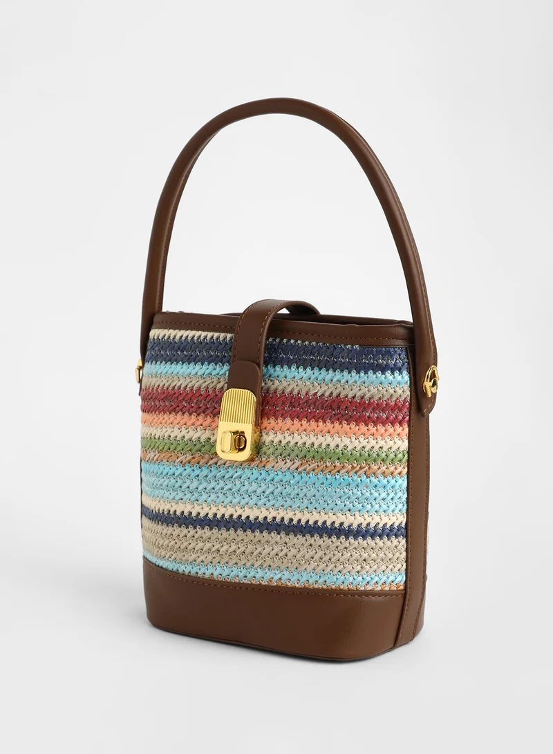 Haute Sauce Striped Twist Lock Regular Jute Hand Bag For Women