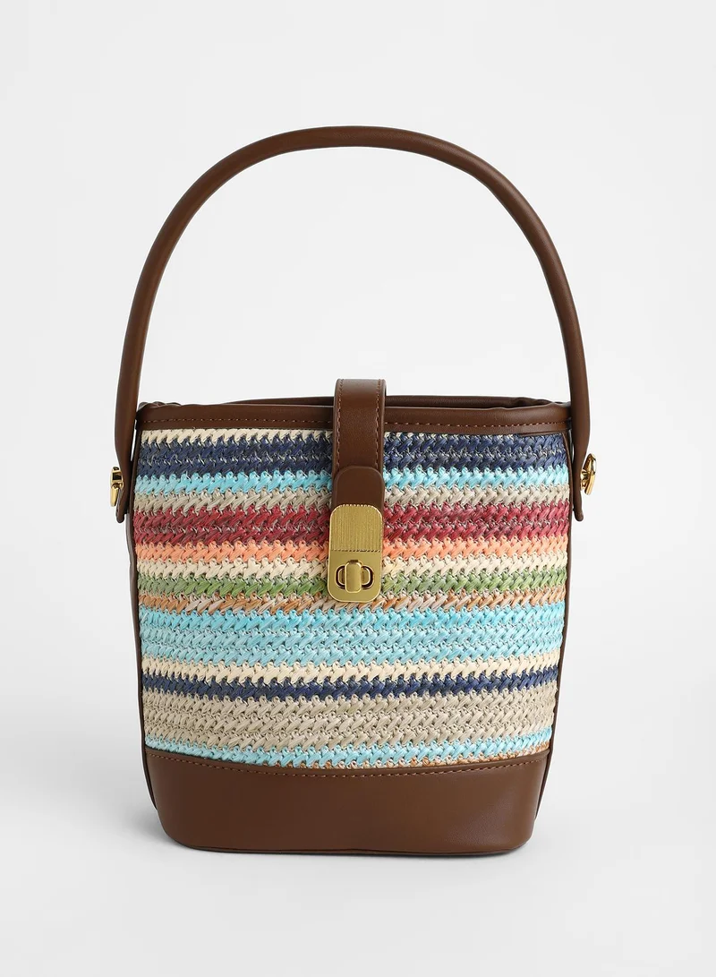 Haute Sauce Striped Twist Lock Regular Jute Hand Bag For Women
