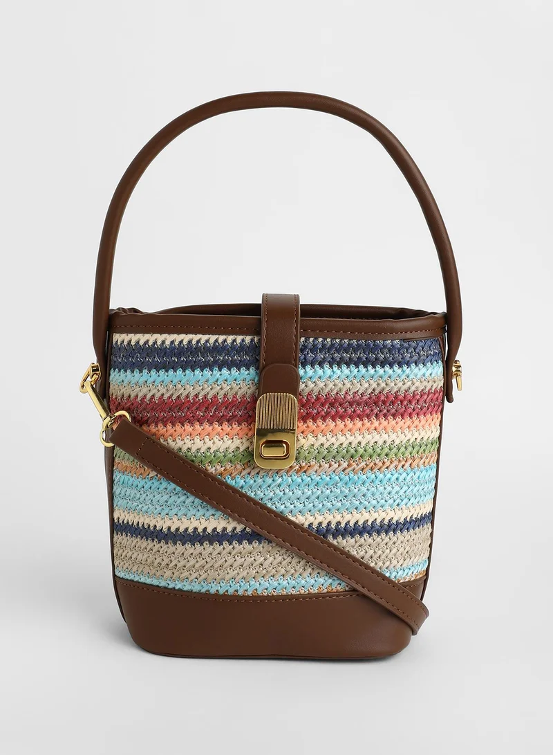 Haute Sauce Striped Twist Lock Regular Jute Hand Bag For Women