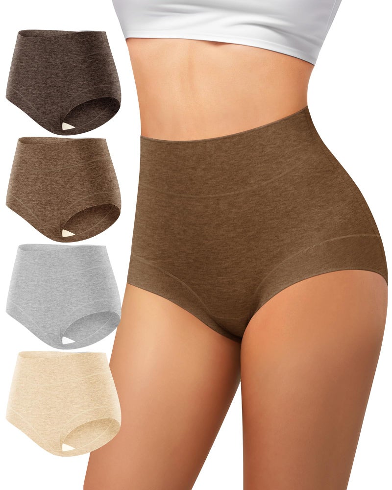 MIOTAN Womens Cotton Underwear High Waisted Ladies Panties Full Coverage Slight Tummy Control Postpartum Briefs Comfortable Breathable 4 Pack Brown Multicolor XL - Image 1