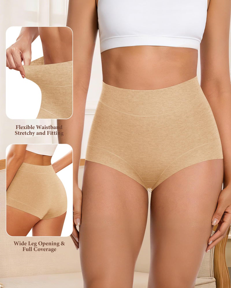 MIOTAN Womens Cotton Underwear High Waisted Ladies Panties Full Coverage Slight Tummy Control Postpartum Briefs Comfortable Breathable 4 Pack Brown Multicolor XL - Image 5