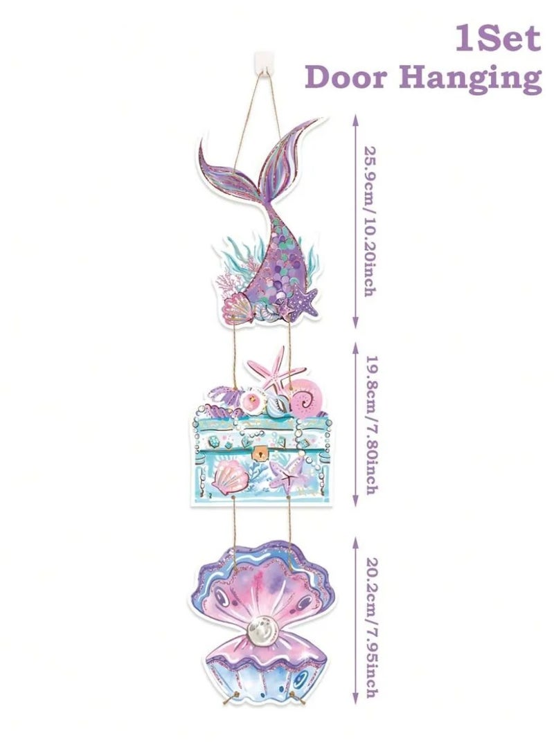 1set Mermaid Birthday Theme Paper Door Hanging Decoration – Purple Mermaid Tail & Shell Pattern - Image 3