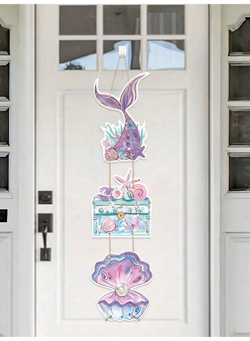 1set Mermaid Birthday Theme Paper Door Hanging Decoration – Purple Mermaid Tail & Shell Pattern - Image 1