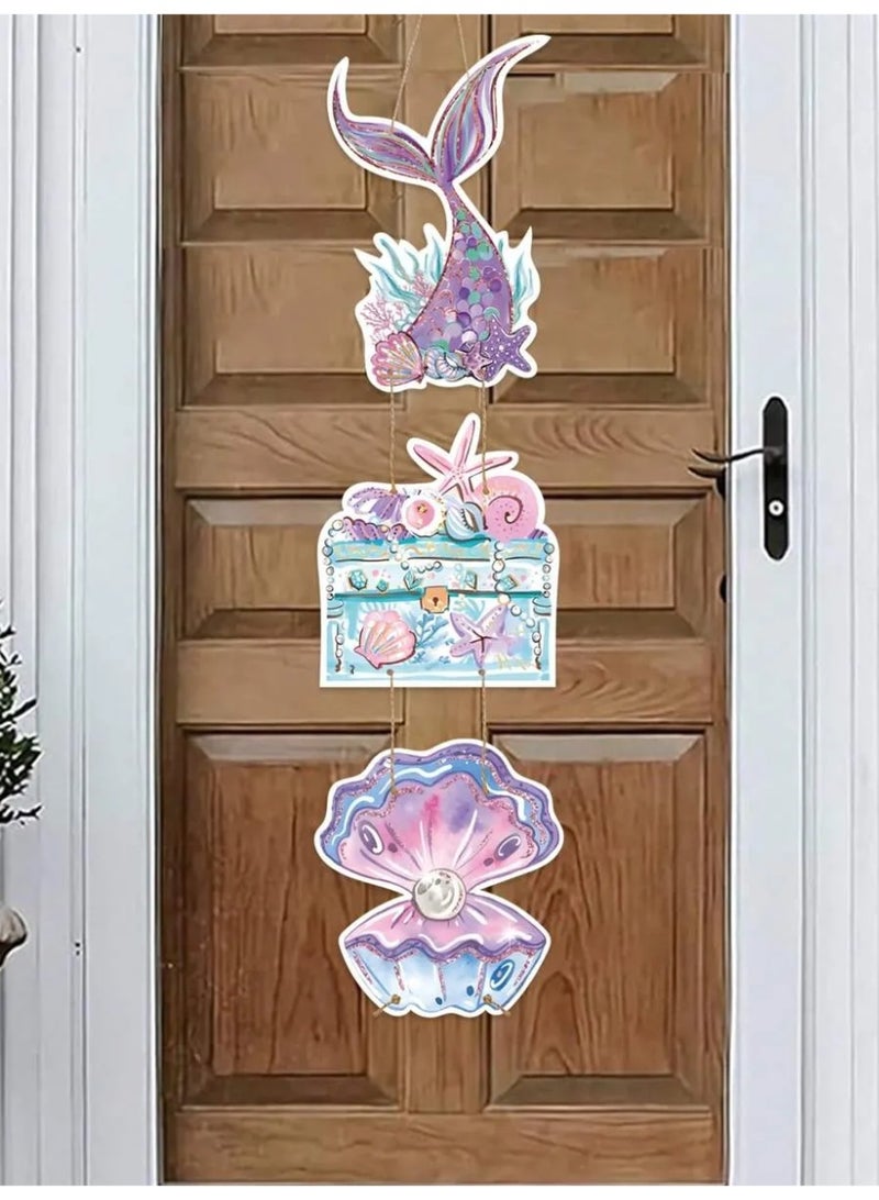 1set Mermaid Birthday Theme Paper Door Hanging Decoration – Purple Mermaid Tail & Shell Pattern - Image 5