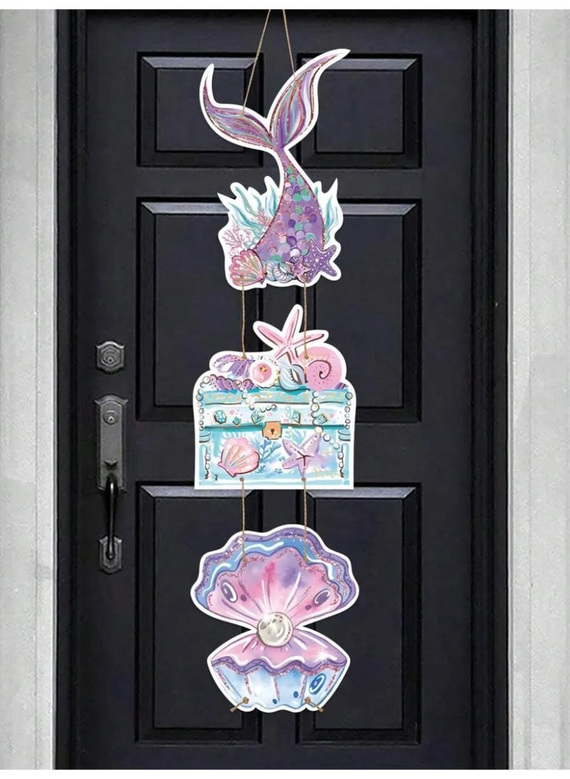 1set Mermaid Birthday Theme Paper Door Hanging Decoration – Purple Mermaid Tail & Shell Pattern - Image 2