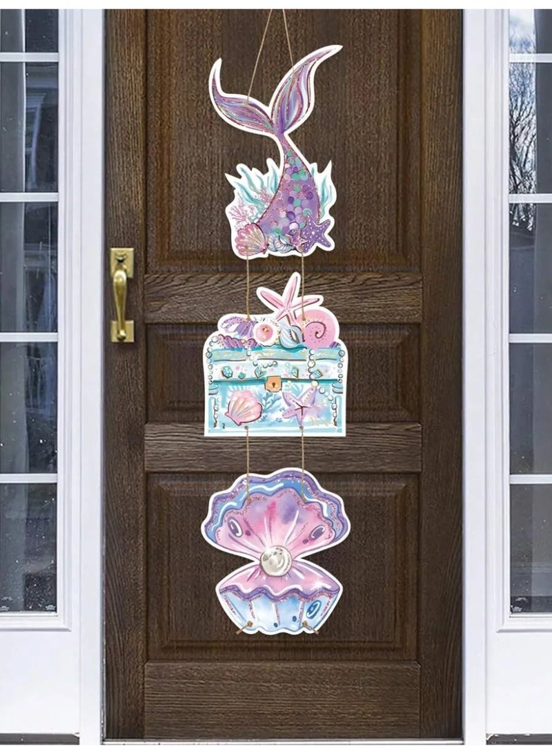 1set Mermaid Birthday Theme Paper Door Hanging Decoration – Purple Mermaid Tail & Shell Pattern - Image 4