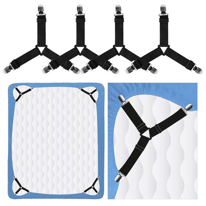 BED SHEET HOLDER STRAPS FASTENERS ADJUSTABLE TRIANGLE LONG LASTING ELASTIC BED SHEET FITTED SHEET CORNER ORGANIZER SUSPENDER TUCKER GRIPPERS FOR MATTRESS COVERS SOFA CUSHION BLACK