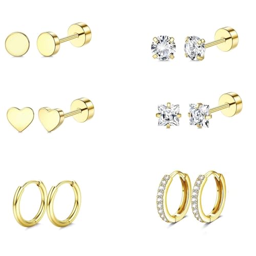 VAMA FASHIONS 18K Gold Plated Anti Tarnish Multiple Piercing Waterproof Hoop Ear Stud Lightweight Hypoallergenic Stainless Steel Earrings Combo Set for Women & Girls (6 Pair Gold Ear Stud) - Image 1