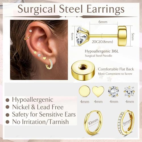 VAMA FASHIONS 18K Gold Plated Anti Tarnish Multiple Piercing Waterproof Hoop Ear Stud Lightweight Hypoallergenic Stainless Steel Earrings Combo Set for Women & Girls (6 Pair Gold Ear Stud) - Image 3