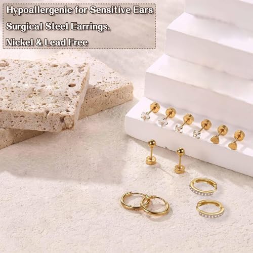 VAMA FASHIONS 18K Gold Plated Anti Tarnish Multiple Piercing Waterproof Hoop Ear Stud Lightweight Hypoallergenic Stainless Steel Earrings Combo Set for Women & Girls (6 Pair Gold Ear Stud) - Image 4