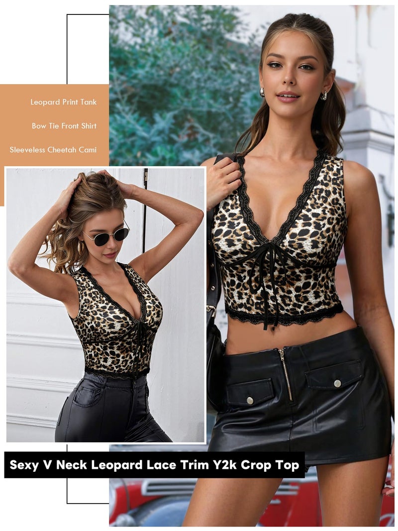 Nlife Womens Leopard Lace Trim Sexy Tank Tops Bow Tie Front Sleeveless Cheetah Print V Neck Tops Y2K Going Out Crop Top - Image 5