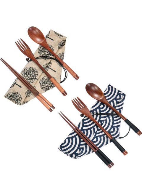2 Sets Wooden Flatware Wooden Fork and Spoon Chopsticks Reusable Tableware Cutlery Set Travel Utensils Tied Line Flatware Eating Utensils with Pouch for Office Camping Traveling