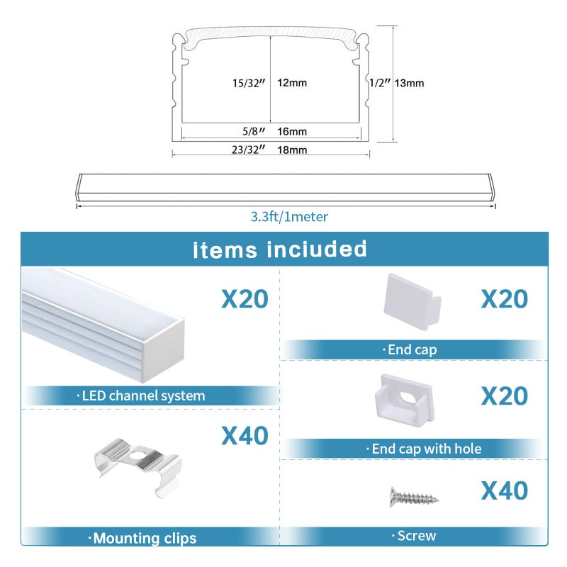 Muzata 20Pack 3.3FT/1M Plus-Size Spotless LED Channel Silver Aluminum LED Strip Diffuser Channel with Milky White Cover U103 WW 1M - Image 2