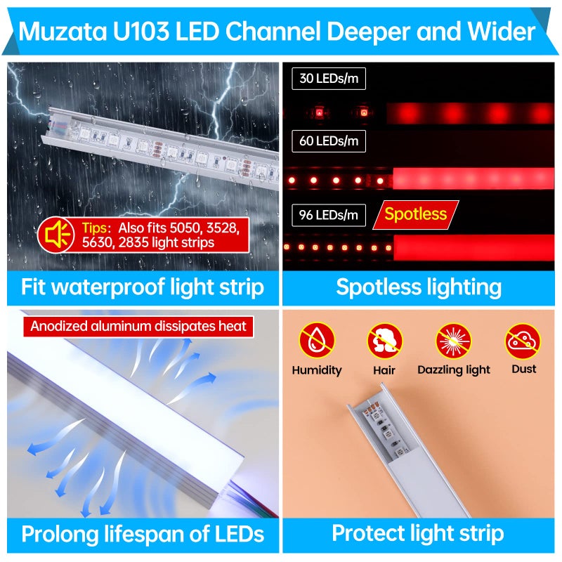 Muzata 20Pack 3.3FT/1M Plus-Size Spotless LED Channel Silver Aluminum LED Strip Diffuser Channel with Milky White Cover U103 WW 1M - Image 4