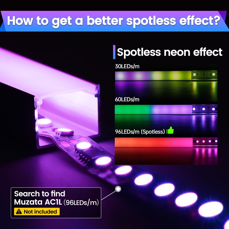 Muzata 20Pack 3.3FT/1M Plus-Size Spotless LED Channel Silver Aluminum LED Strip Diffuser Channel with Milky White Cover U103 WW 1M - Image 3