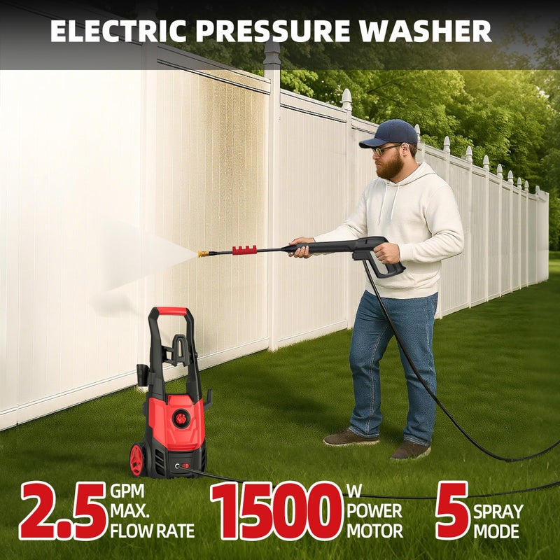 Paporia Electric Pressure Washer, 2.5 Max GPM Electric Power Washer with Foam Cannon, Powerwasher with 4 Nozzles, High Pressure Washer for Cars, Driveways, Patios, Decks - Image 3