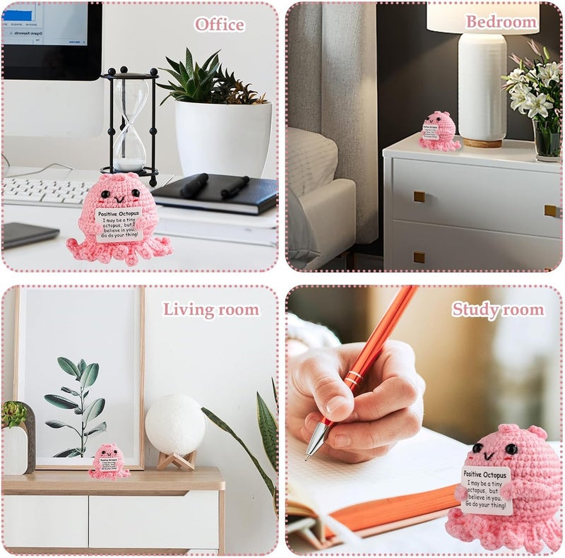 Happy Threads Positive Pink Octopus Plush with Inspirational Message Card, Handmade Crochet Emotional Support Keepsake, Cute Desk & Shelf Décor, Cute Support Gift for Friends, Kids & Family - Image 3