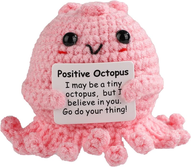 Happy Threads Positive Pink Octopus Plush with Inspirational Message Card, Handmade Crochet Emotional Support Keepsake, Cute Desk & Shelf Décor, Cute Support Gift for Friends, Kids & Family - Image 1