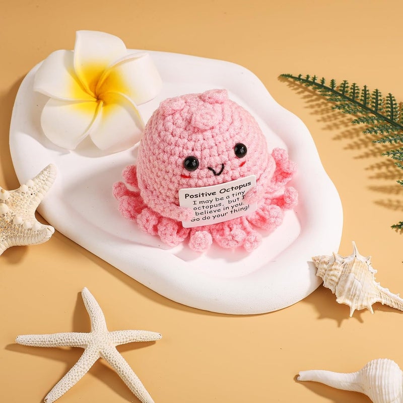Happy Threads Positive Pink Octopus Plush with Inspirational Message Card, Handmade Crochet Emotional Support Keepsake, Cute Desk & Shelf Décor, Cute Support Gift for Friends, Kids & Family - Image 2