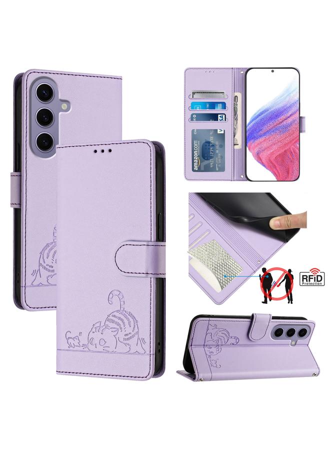 S-TOP Case For Samsung Galax S24 5G Cat Rat Embossed Pattern RFID PU Phone Case with Wrist Strap - Image 1