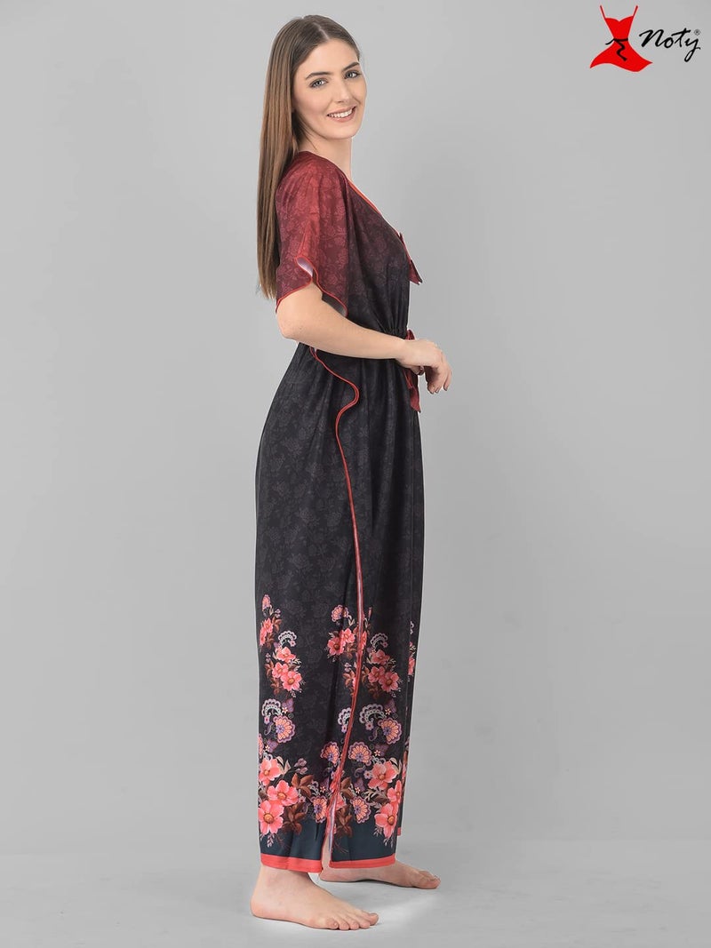 Noty Store Noty ® Women's Kaftan Nighty | Digital Print | Sarena Fabric | V Shaped Neck Nightwear | Nightdress for Girl (Grey-Pink, Free Size) - Image 3